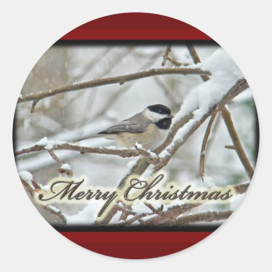 Weihnachts-Schwarz-Chickadee im Schnee Runder Aufkleber (Vorderseite)