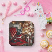 Weihnachts-Schwarz-Französisch-Bulldog auf einem r Pappteller (Party)