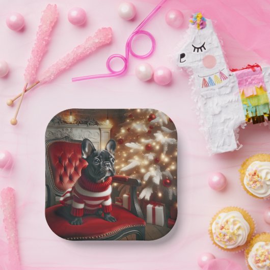 Weihnachts-Schwarz-Französisch-Bulldog auf einem r Pappteller (Party)