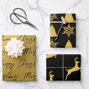 Weihnachts-Schwarz-Gold-Muster Geschenkpapier Set