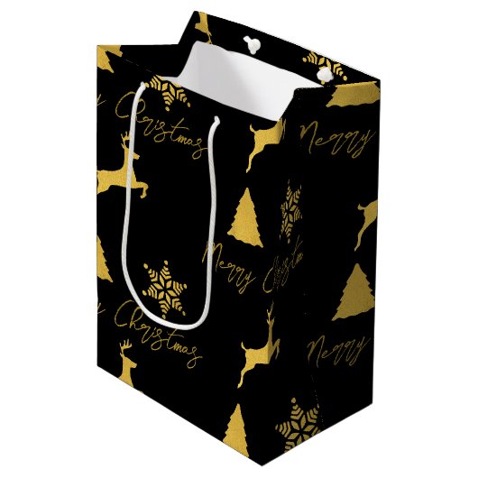 Weihnachts-Schwarz-Gold-Muster Mittlere Geschenktüte (Vorderseite Schrägansicht)
