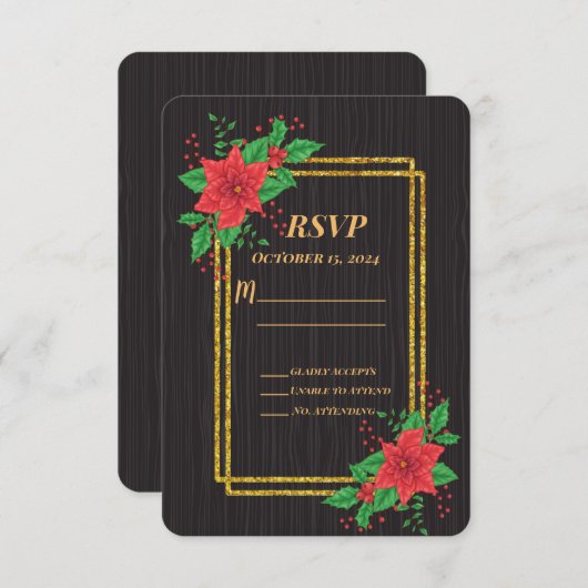 Weihnachts-Schwarz-Poinsettia-Gold-Rahmen Hochzeit RSVP Karte (Vorne/Hinten)