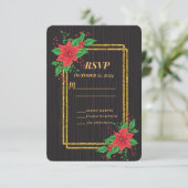 Weihnachts-Schwarz-Poinsettia-Gold-Rahmen Hochzeit RSVP Karte (Stehend Vorderseite)