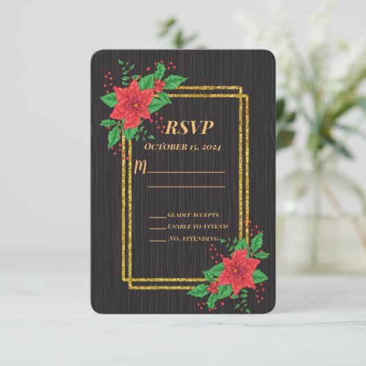 Weihnachts-Schwarz-Poinsettia-Gold-Rahmen Hochzeit RSVP Karte (Stehend Vorderseite)