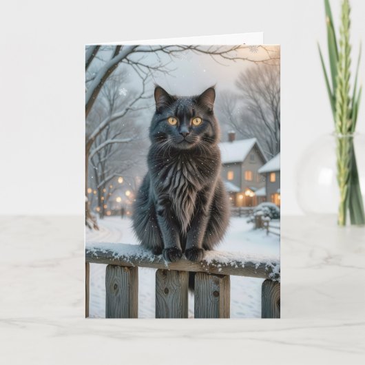 Weihnachts-Schwarze Katze auf einem Schneezaun Karte (Vorderseite)