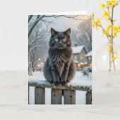 Weihnachts-Schwarze Katze auf einem Schneezaun Karte (Gelbe Blume)
