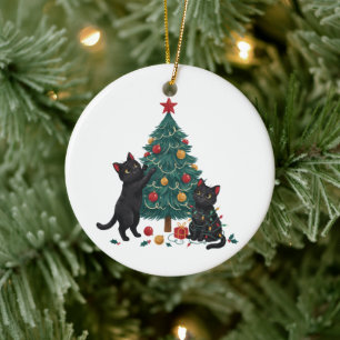 Weihnachts-Schwarze-Katze-Baum-Weihnachtsbeleuchtu Keramik Ornament