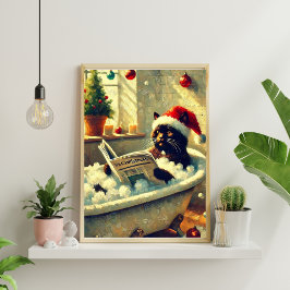 Weihnachts-Schwarze Katze in der Badewanne Poster