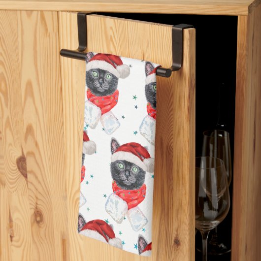 Weihnachts-Schwarze Katze mit rotem Scarf Geschirrtuch (Drittel gefaltet)