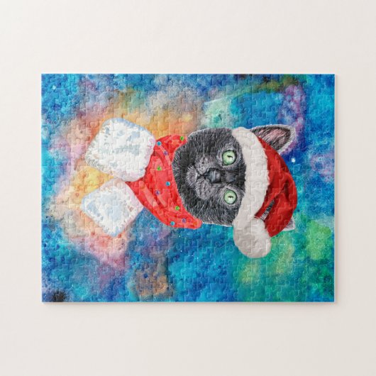 Weihnachts-Schwarze Katze mit Rotem Scarf Urlaub Puzzle (Horizontal)