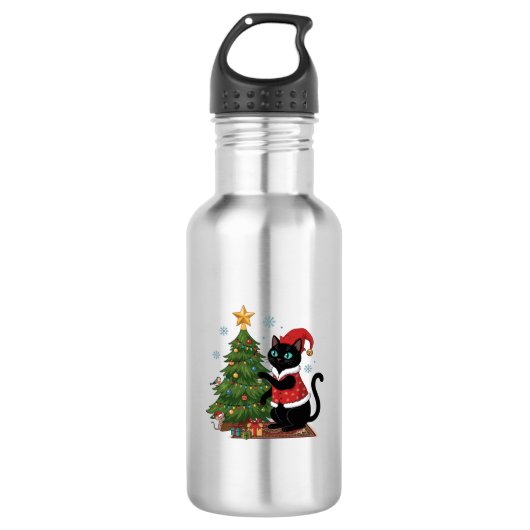 Weihnachts-Schwarze-Katze-Santa-Hut-Baum-Maus Edelstahlflasche (Vorderseite)