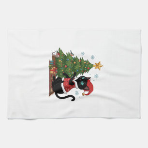 Weihnachts-Schwarze-Katze-Santa-Hut-Baum-Maus Geschirrtuch
