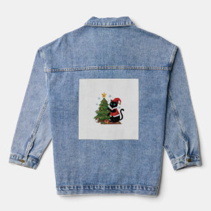 Weihnachts-Schwarze-Katze-Santa-Hut-Baum-Maus Jeansjacke