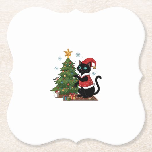 Weihnachts-Schwarze-Katze-Santa-Hut-Baum-Maus Untersetzer (Vorderseite)