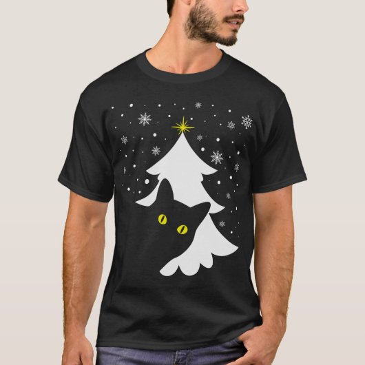 Weihnachts Schwarze Katze Weihnachtsbaum Schnee un T-Shirt (Vorderseite)