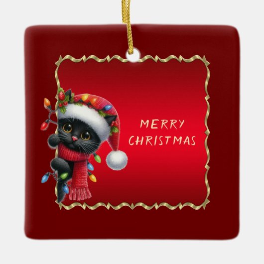 Weihnachts Schwarze Katze Weihnachtsfeiertage Orna Keramikornament (Vorderseite)