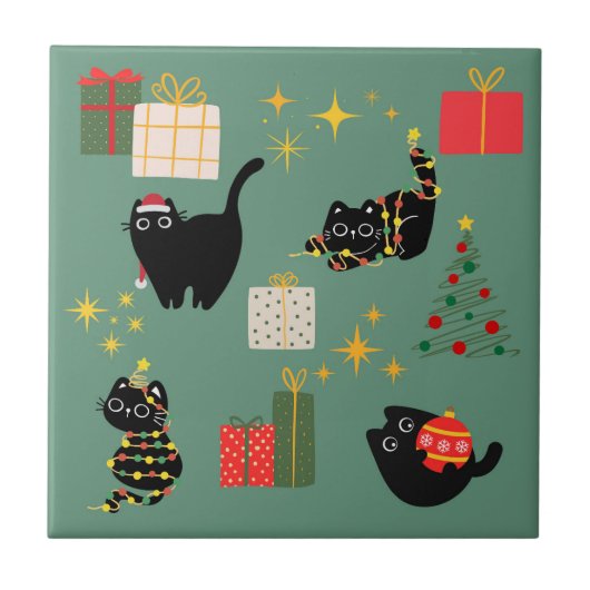 Weihnachts-Schwarze Katzen Fliese (Vorderseite)