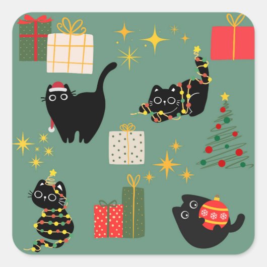 Weihnachts-Schwarze Katzen Quadratischer Aufkleber (Vorderseite)