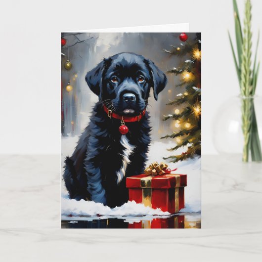 Weihnachts Schwarze Welpe mit rotem Geschenk Karte (Vorderseite)