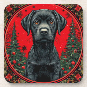 Weihnachts Schwarzes Labrador mit festlichen Bäume Getränkeuntersetzer