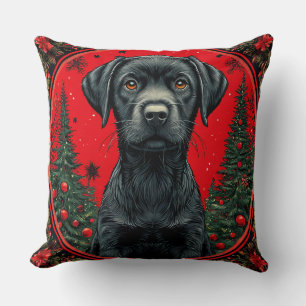 Weihnachts Schwarzes Labrador mit festlichen Bäume Kissen