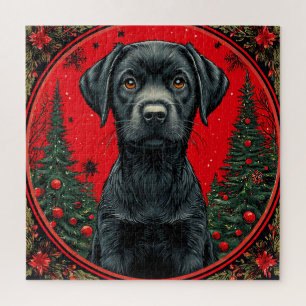 Weihnachts Schwarzes Labrador mit festlichen Bäume Puzzle