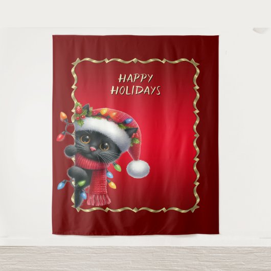 Weihnachts-Schwarzkatzen-Feiertags-Hintergrund Wandteppich (Vorderseite)