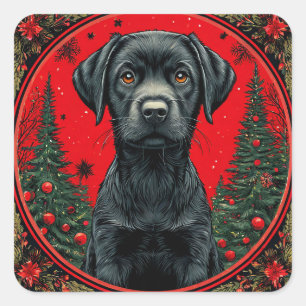 Weihnachts-Schwarzlabrador mit festlichen Bäumen Quadratischer Aufkleber