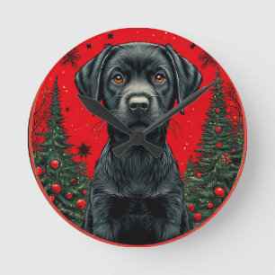 Weihnachts-Schwarzlabrador mit festlichen Bäumen Runde Wanduhr