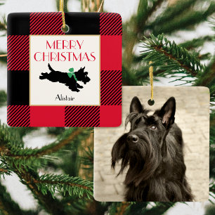 Weihnachts-Scottie-Hund-Foto Roter Buffalo-Karo Keramikornament