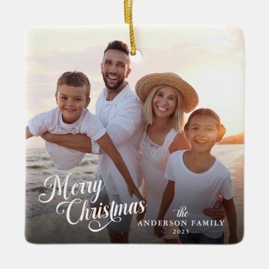 Weihnachts-Script-Foto Boho Greenery Weihnachten Keramikornament (Vorderseite)