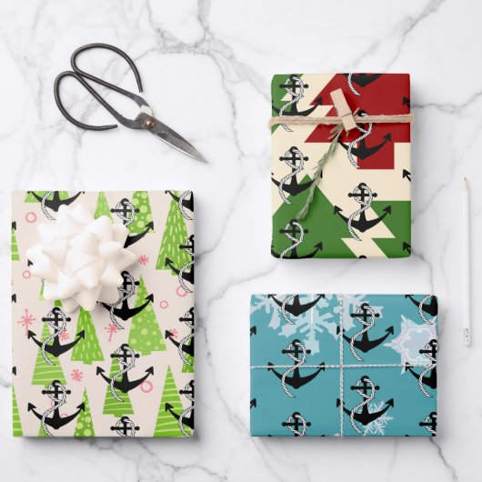 Weihnachts-Seelsorger Anchor Nautical Pattern Urla Geschenkpapier Set (Vorderseite)