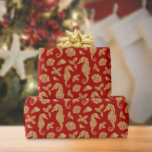 Weihnachts-Seepferd an der Küste Gold Glitzer Rot Geschenkpapier