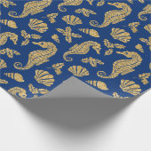 Weihnachts-Seepferd Pattern Gold Navy Blue Geschenkpapier (Ecke)
