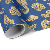 Weihnachts-Seepferd Pattern Gold Navy Blue Geschenkpapier (Rolleneckpunkt)