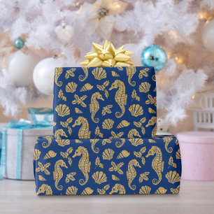 Weihnachts-Seepferd Pattern Gold Navy Blue Geschenkpapier
