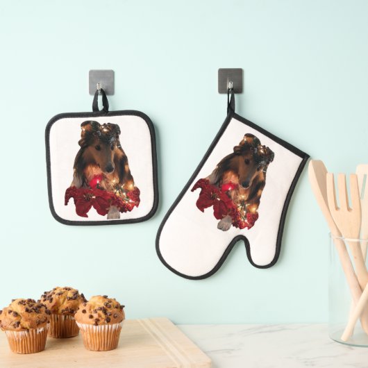 Weihnachts-Sheltie Ofenhandschuh & Topflappen-Set (Insitu (Hängend))