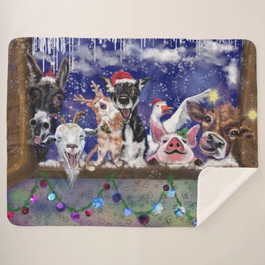 Weihnachts-Sherpa Blanket Funny Farm Tierisches Pa Sherpadecke (Vorderseite (Horizontal))