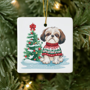 Weihnachts-Shih-Tzu-Santa-Hund Keramikornament