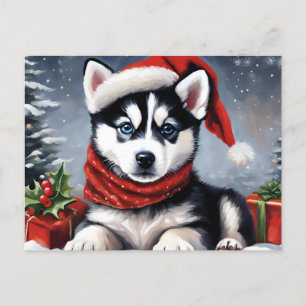 Weihnachts-Sibirische Husky-Welpe-Weihnachtsmannmü Feiertagspostkarte