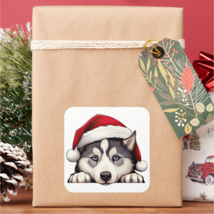 Weihnachts-Sibirisches Husky-Fenster Quadratischer Aufkleber