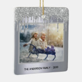 Weihnachts-Silber-Glitzer-Tropfen Foto Winter Keramikornament (Rechts)