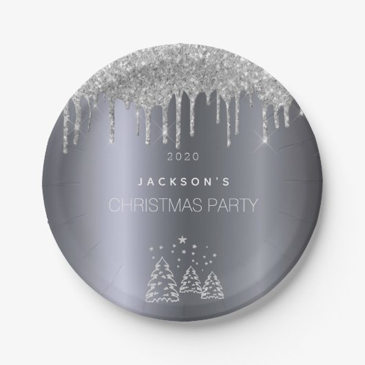 Weihnachts-Silberbäume Glitzer Tropfen Pappteller (Vorderseite)