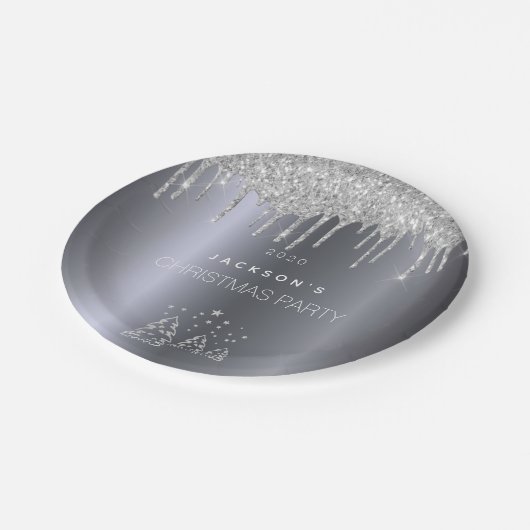 Weihnachts-Silberbäume Glitzer Tropfen Pappteller (Schrägansicht)