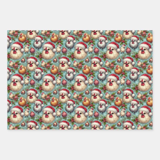 Weihnachts-Silkie-Hühnchen-3-Blatt-Wohnung Geschenkpapier Set (Vorderseite)