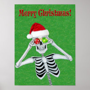 Weihnachts-Skelett-Hat Ornamente Grüne Gold Flecks Poster