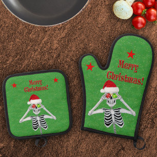 Weihnachts-Skelett Ornamente Sterne auf Grün Ofenhandschuh & Topflappen-Set