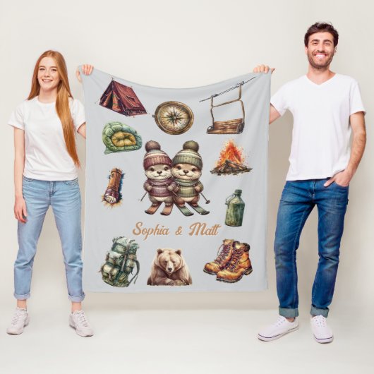 Weihnachts-Skifahren Tier Otter Couple Outdoor Gra Fleecedecke (Beispiel)