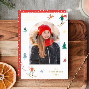 Weihnachts-Skifahrer-Foto Folien Feiertagskarte