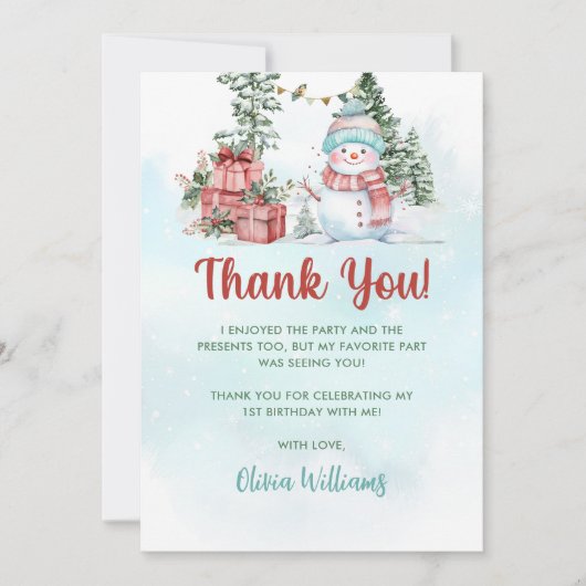 Weihnachts-Snowman-Geburtstagsparty Dankeskarte (Vorderseite)